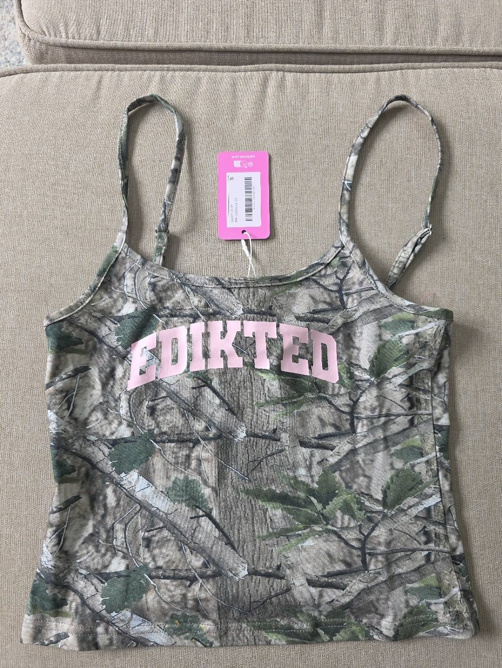 EDIKTED camouflaged tank top with pink logo. Size Small
